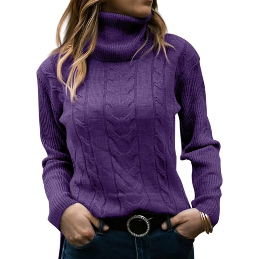 Womens Purple Pull On Cable Knit Turtleneck Long Sleeve Casual Warm Sweaters